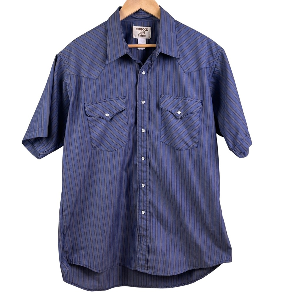 VTG Ruddock Eyre Blue Gray Striped Short Sleeve Pearl Snap Shirt 17 (XL) USA‎
